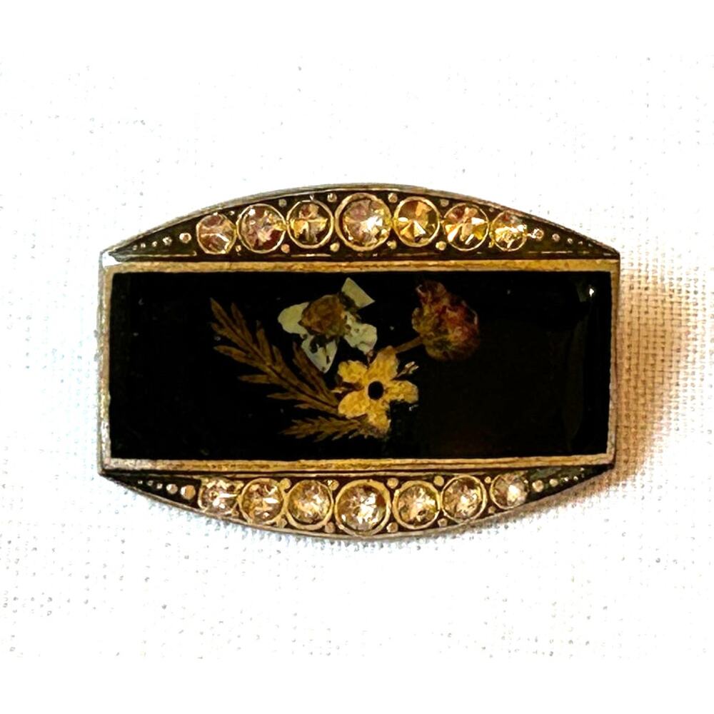 Vintage Pierre Bex Brooch France Dried Flower Enamel Rhinestone Trombone Clasp